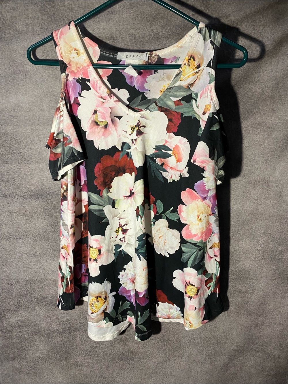 Gaze Womens Floral Cold Shoulder Top Short Sleeve V-Neck Black Pink Peony Large